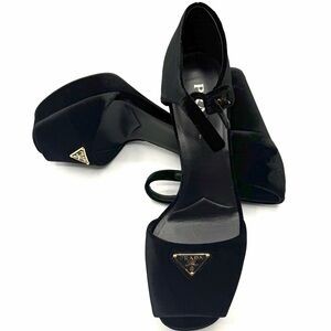 NEW NIB Prada Triangle Logo Ankle Strap Velvet Platform Heel Sandals